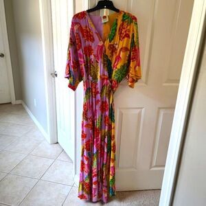 Farm Rio Women’s Mixed Beaks & Bananas Maxi Wrap Dress Size LARGE